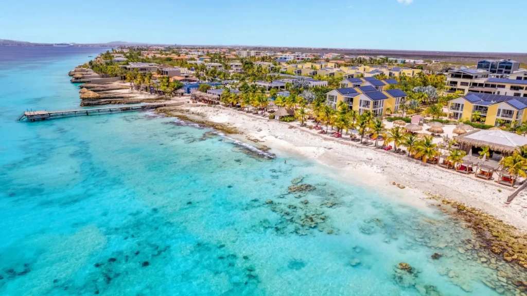 Luchtfoto van de kust van Bonaire met resort, palmbomen en helderblauwe zee